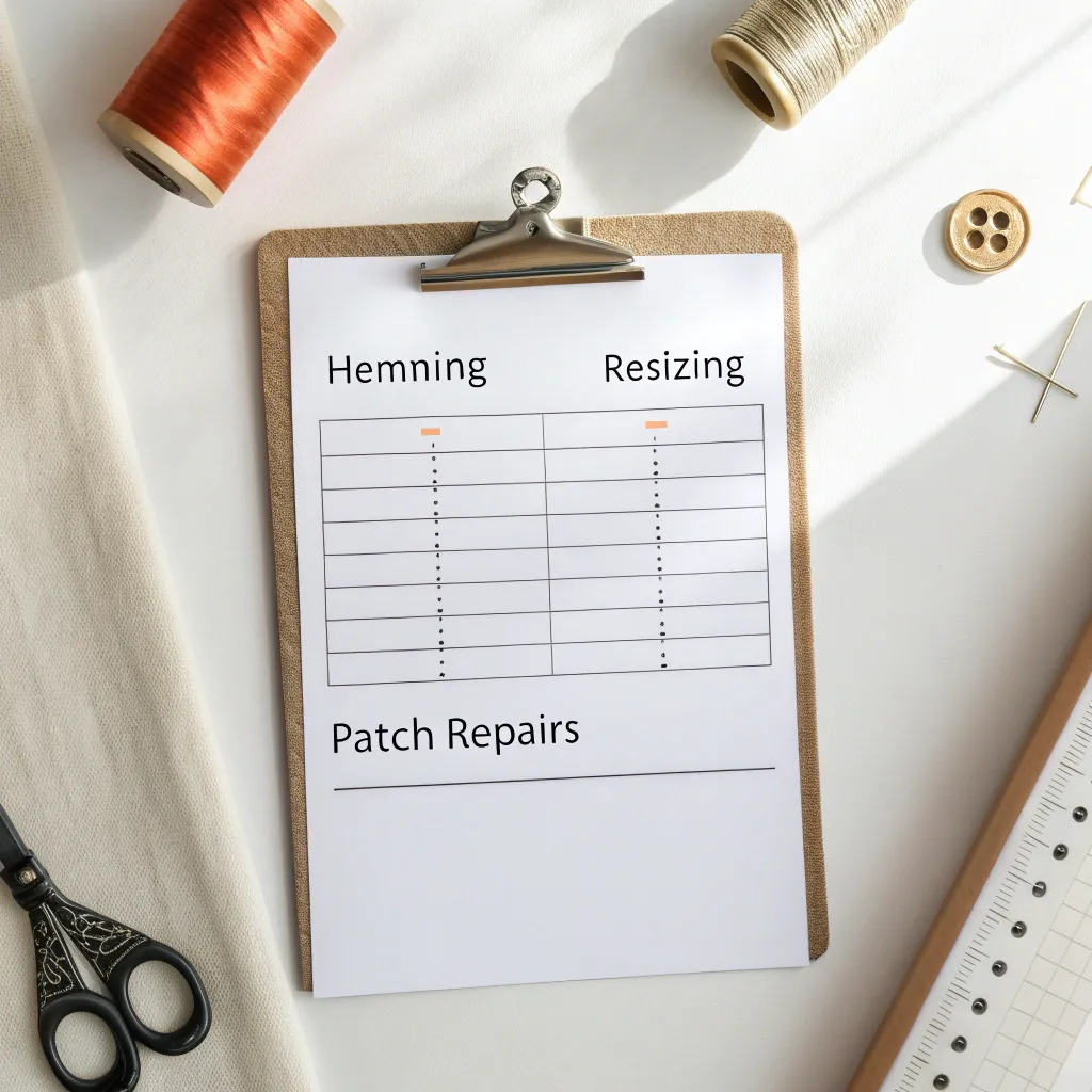 Price list showing various garment alteration costs